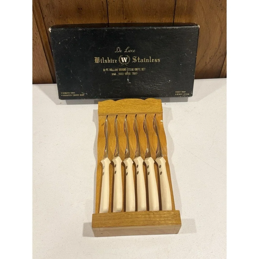 Vtg Japan Stainless Steel Steak Knife Set Of 6 W/ Wood Storage Tray & Box